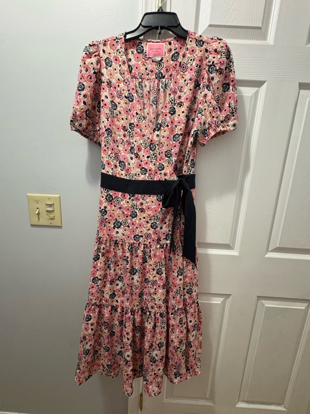 Kate Spade Rosette Blooms Floral Pink Midi Short Sleeve Wrap Dress Large